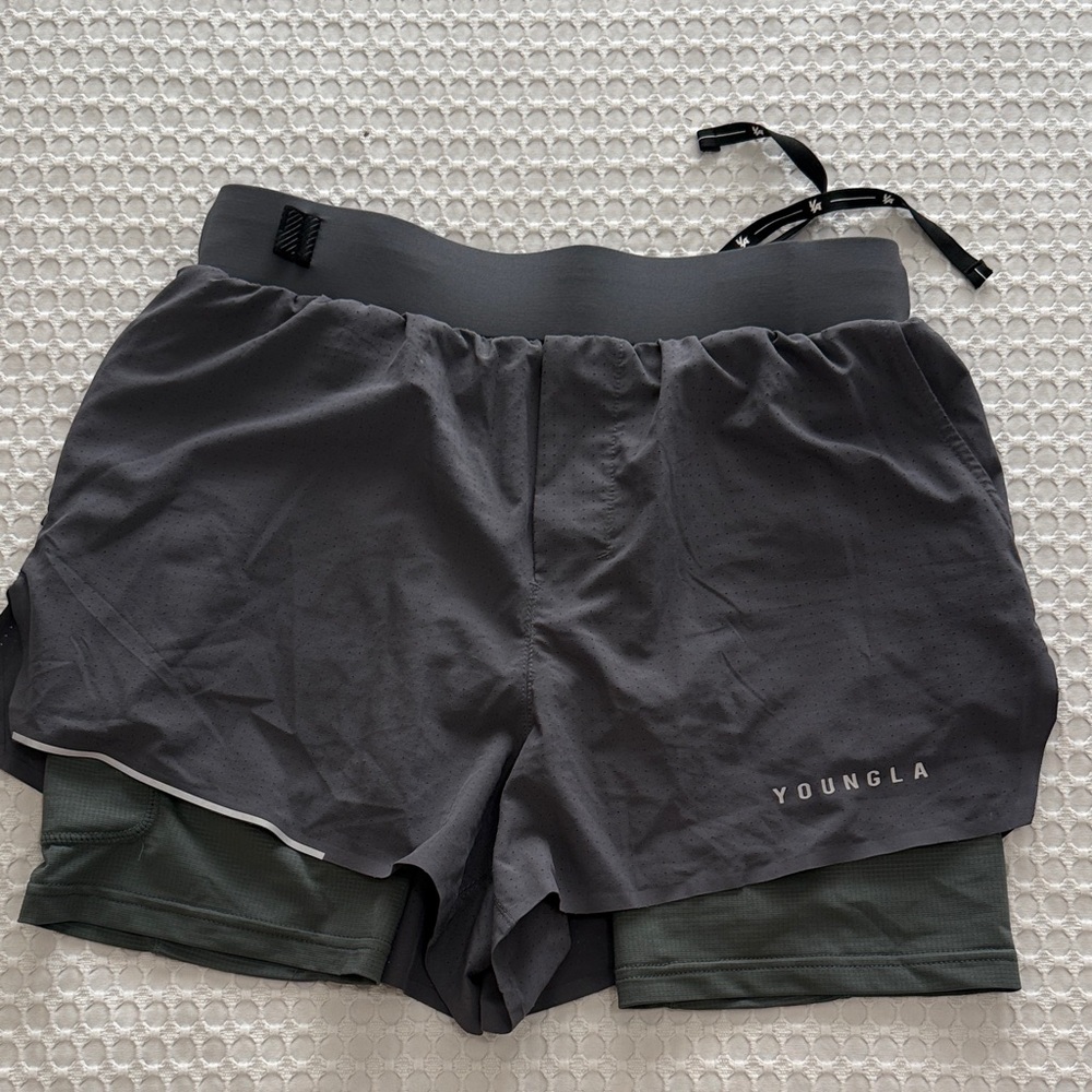 YoungLA Charcoal Grey Layered Athletic Shorts with Olive Inner size Small